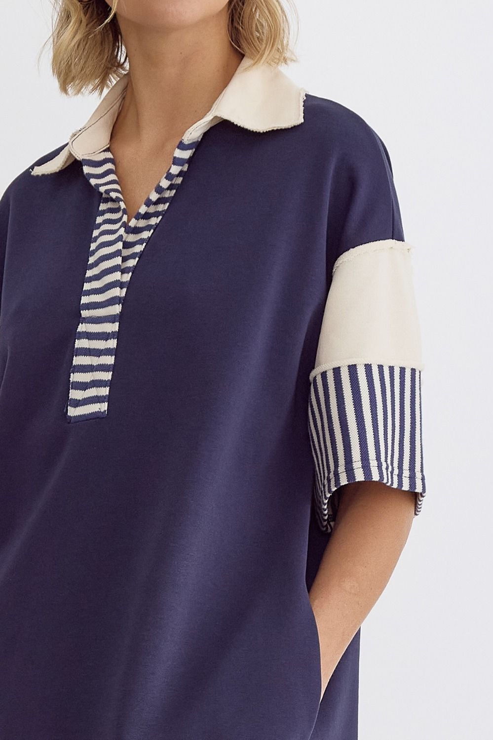 Solid V-Neck Short Sleeve Collared Mini Dress