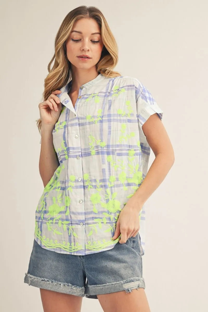 Neon Floral Plaid Button-Up Top
