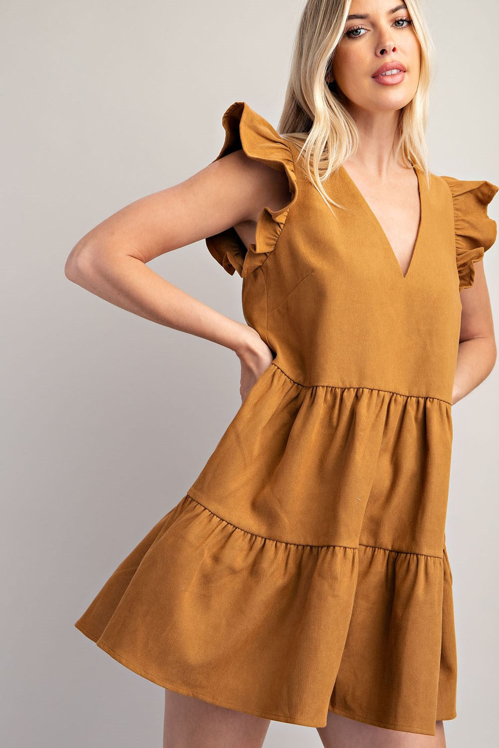 V-Neck Flutter Sleeve Dress